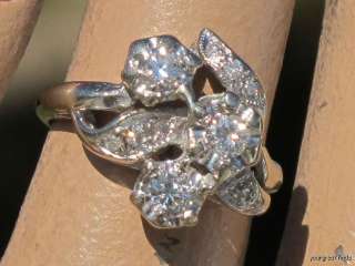   14K WHITE GOLD GENUINE OLD BRILLIANT CUT DIAMOND CLUSTER COCKTAIL RING