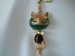 Vintage Cat Pin and Pendant ~14kGold~ Jade Head & Tiger Eye Body Moves 
