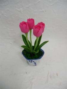 Handmade Miniature Dollhouse Clay Tulips In Ceramic Pot  