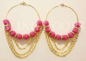 NEW Bling Hoops Pink Gold Chain Rhinestone Earrings Basketball Wives 