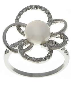 Sterling Silver CZ Floral Cultured FW Pearl Ring  