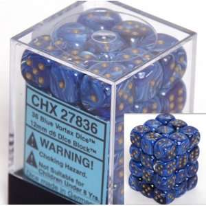  Chessex Vortex Dice 12mm d6 Blue w/Gold Dice Block 36 Dice 
