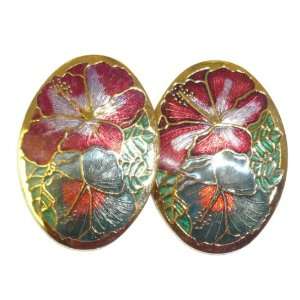  Cloisonne Red Hibiscus Pierced Earrings Jewelry