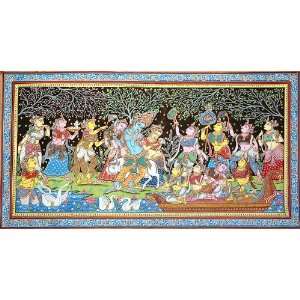  Radha Krishna with Sakhis in Vrindavan   Paata Painting on 