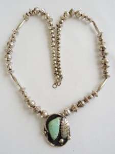   STERLING SILVER & TURQUOISE Pendant & Beaded Necklace   84 gr  