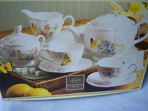   Meadow 7pc Tea Set Pot Creamer Sugar Bowl Lid Cups Saucers NEW