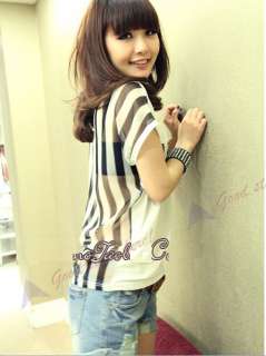 White Women Korean Fashion Letters Chiffon Striped T shirt  