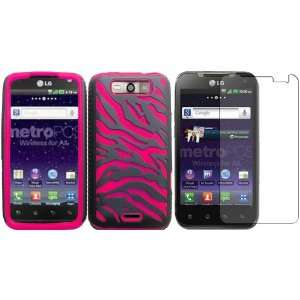 Hot Pink/Black PC+Silicone Zebra Case Cover+LCD Screen Protector for 