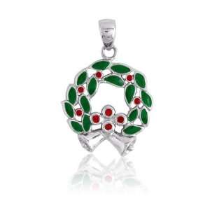  Sterling Silver Green & Red Wreath Pendant Jewelry