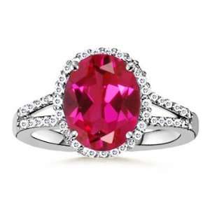 Oval Lab Created Ruby and Simulated Diamond Split Shank Ring in 10k 