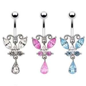   butterfly belly ring with jeweled teardrop dangle, aquamarine Jewelry