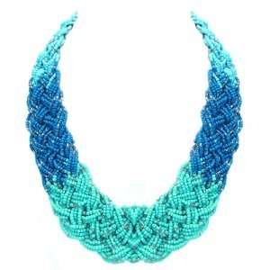    Shades of Blue Seed Bead Braided Statement Necklace Jewelry
