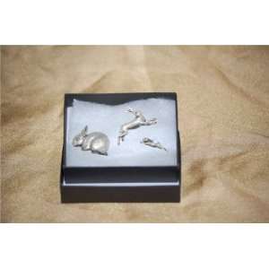  Boxed Gift Set of 3 Pewter Pin Badges Rabbits and Hare
