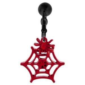 Steel Top Drop Belly Ring with Chain Dangling Red Spider From the Top 