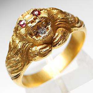 Victorian Era Mens Lion Ring Ruby & Diamond Solid 14K Gold