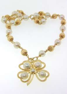 Vintage Pearl & Solid Gold 14K Lucky Shamrock Necklace  