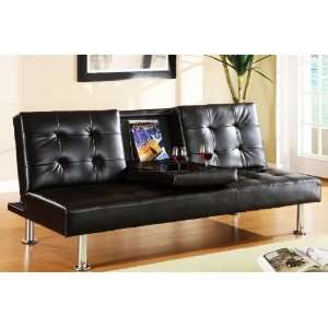   Leatherette Futon Sofa w/ Fold Down Beverage Table Furniture & Decor