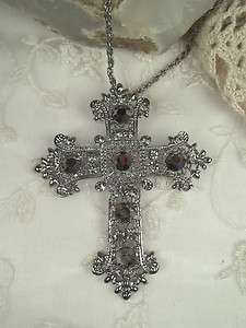 Large Hematite Crystal Cross Necklace Long Chain  