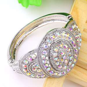   Style Hinged Bracelet Zinc Alloy Opal Silvery Bangle Cuff Gift  