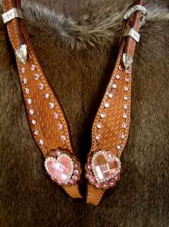 HORSE BRIDLE WESTERN LEATHER HEADSTALL TACK PINK HEART CONCHOS BARREL 