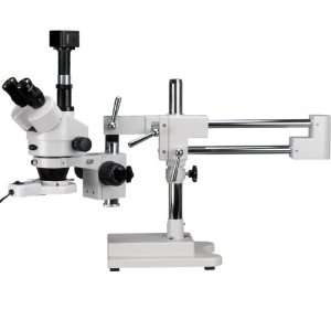 5X 90X Simul Focal Trinocular Boom Microscope + Light + 5MP Camera 