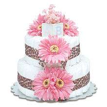 Bloomers Baby Diaper Cake Safari Hot Pink Daisies with Leopard Print 
