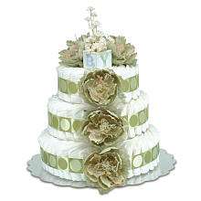 Bloomers Baby Diaper Cake Classic Sage Peonies with Sage Circles 