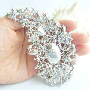 Pretty Bridal Leaf Flower Brooch Pin w Clear Rhinestone Crystals 