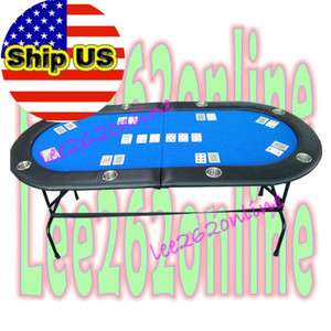 BLUE 8 PLAYER CASINO TEXAS HOLDEM POKER TABLE W/ STAINLESS STEEL CUP 