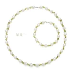 8mm White Circlé Freshwater Pearl and Peridot Chip Necklace, Bracelet 