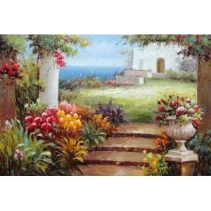  View from Mediterranean Porch Garden Oil Painting 24 x 36 