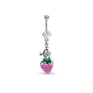 014 Gauge Strawberry Belly Button Ring with Pink and White Crystals in 