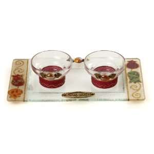  Short Glass Shabbat Candlesticks with Pomegranates and 