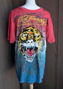 Ed Hardy Mens Sz L Red Blue Tiger Skull Rhinestone T Shirt Christian 