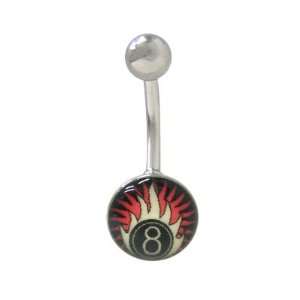 Belly Button Ring Surgical Steel with 8 Ball & Glow in the Dark Flames 