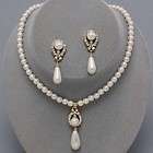   Formal Pearl & Rhinestone Strand Necklace & Earring Set Gold Tone