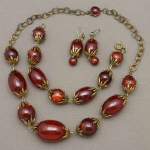Deep Red Set Necklace Bracelet Earrings Vintage Celluloid Chunky 