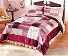Full Queen Satin Like Wine Patchwork Floral Flower Comforter Set With 