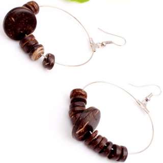 Pretty Brown Coconut Shell Round Beads Hoop Earrings  