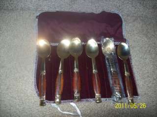 Vintage Thailand Made Tea Spoons brass & inlaid wood  