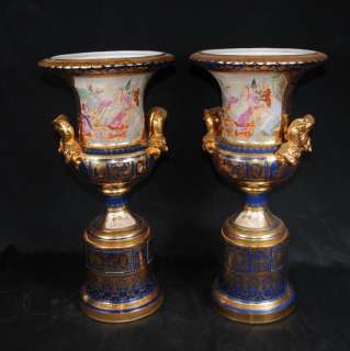 Pair Paris Sevres Roman Porcelain Vases Urns Pedestal  