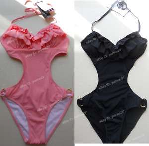 Frill Top Side O Ring Swimsuit Swimwear Pink Black S M  