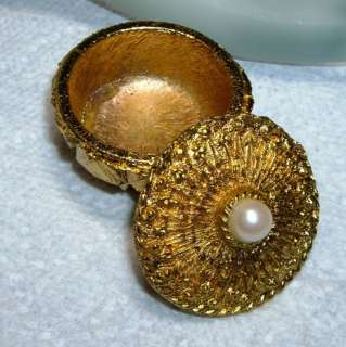 Vintage Signed CELESTE Goldtone Faux Pearl Trinket Box  