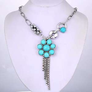 Tibet silver chain turquoise flower crafted neckalce AB  