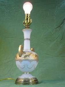 ANTIQUE Bohemian Moser Gold Leaves Glass Urn Vase Lamp  
