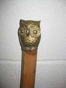   ANTIQUE BRASS OWL WALKING STICK CANE NATURAL WOOD 37 UNUSUAL  