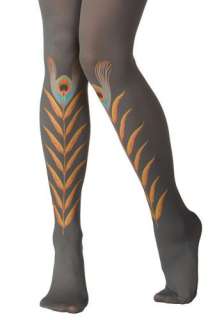 Grey Peacock Feather Tights by Look From London   Grey, Orange, Yellow 