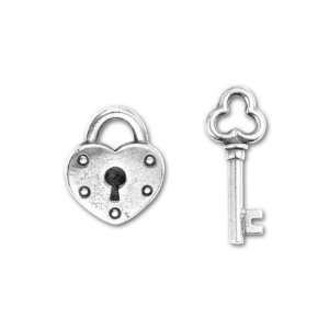  Antique Silver Plated Pewter Heart Lock and Key Charm Set 