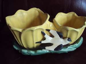 Vintage McCoy Yellow Tulip Double Planter w/ Bird  