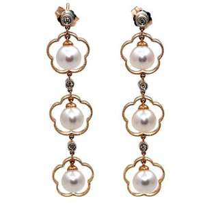  14K Gold Diamond Dangle Earrings With White Cultured 